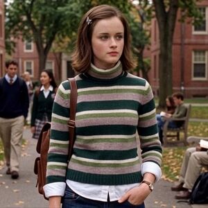 American Eagle M Y2K Preppy Cabincore Cozy Striped Lambswool Turtleneck